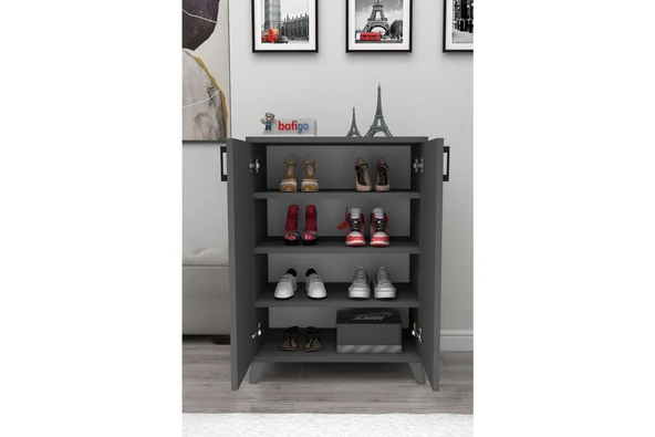 Bofigo 4 Raflı 2 Kapaklı Ayakkabılık Çok Amaçlı Dolap Ayakkabı Dolabı Ceren Antrasit - Resim 3