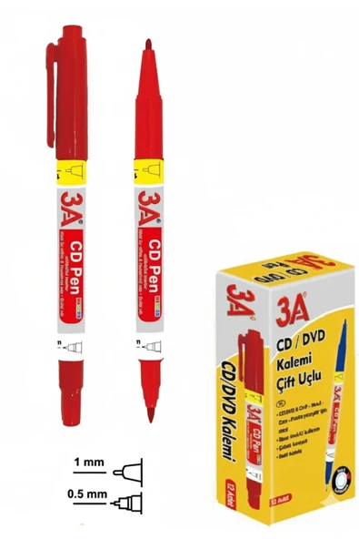 3A Permanent Kalıcı Marker Kalemi Çift Uçlu 0.5 mm ve 1 mm Kırmızı 3 Adet ürün görseli