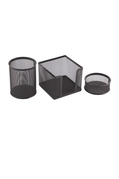 3A Metal Perfore Ofis Seti 3'lü Siyah (Ataşlık+Küp Not+Kalemlik) ürün görseli