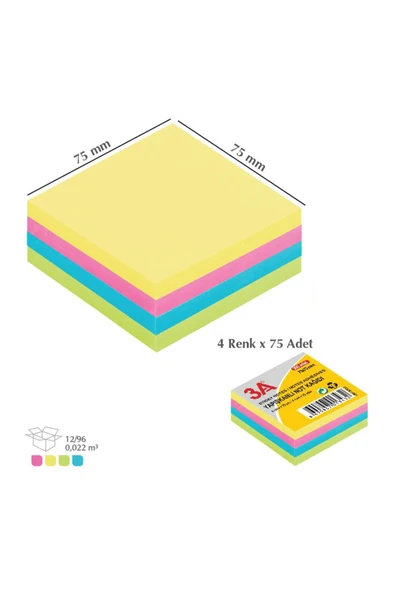 3A Yapışkanlı Not Kağıdı Pastel Renk 75x75 mm (4 Renk x 75 Adet) ürün görseli