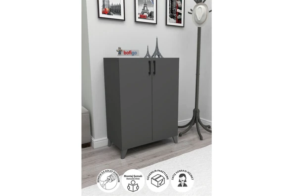Bofigo 4 Raflı 2 Kapaklı Ayakkabılık Çok Amaçlı Dolap Ayakkabı Dolabı Ceren Antrasit ürün görseli