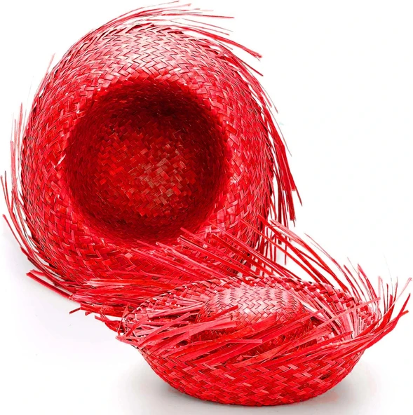 Tropikal Parti Kırmızı Hasır Hawaii Şapkası - Resim 3