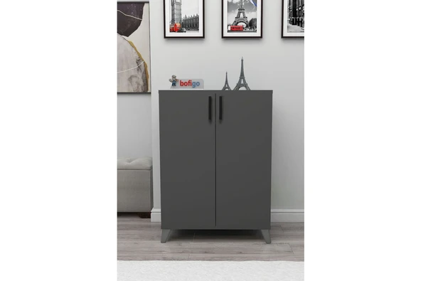 Bofigo 4 Raflı 2 Kapaklı Ayakkabılık Çok Amaçlı Dolap Ayakkabı Dolabı Ceren Antrasit - Resim 2