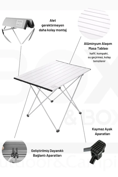 Box&Box Alüminyum, Katlanabilir Kamp ve Piknik Masası, Omuz Askılı Taşıma Çantasıyla, Medium, Gri - Resim 2