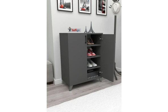 Bofigo 4 Raflı 2 Kapaklı Ayakkabılık Çok Amaçlı Dolap Ayakkabı Dolabı Ceren Antrasit - Resim 4