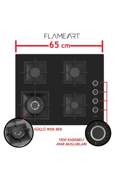 Ferre SC405-WFA Flameart Siyah Bğz. Döküm Izg. 65 cm Cam Ocak - Resim 2