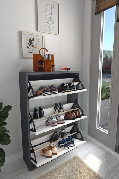 Bofigo Düşer Kapak Ayakkabılık Kayar Raflı Ayakkabılık 3 Bölmeli Ayakkabılık Melek Antrasit-Beyaz - Resim 2