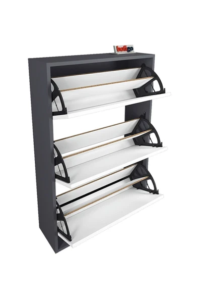 Bofigo Düşer Kapak Ayakkabılık Kayar Raflı Ayakkabılık 3 Bölmeli Ayakkabılık Melek Antrasit-Beyaz - Resim 7