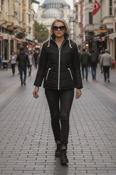 Kapüşonlu Kışlık Kadın Şişme Kısa Mont - Resim 2