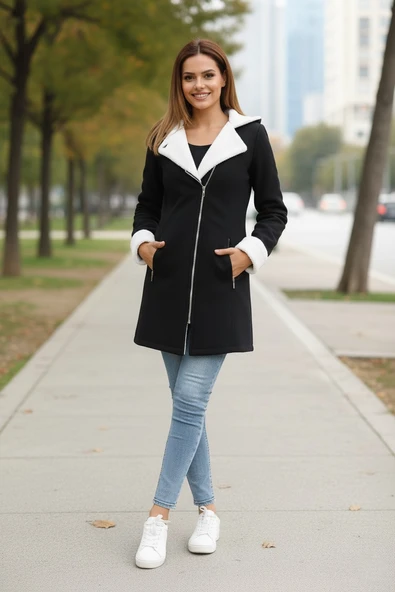 Günlük Kışlık Kaşe Kadın Siyah Kaban - Resim 2