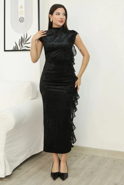 Çiçek Broşlu Fırfır Detaylı Kadife Abiye Elbise 6062-Siyah ürün görseli