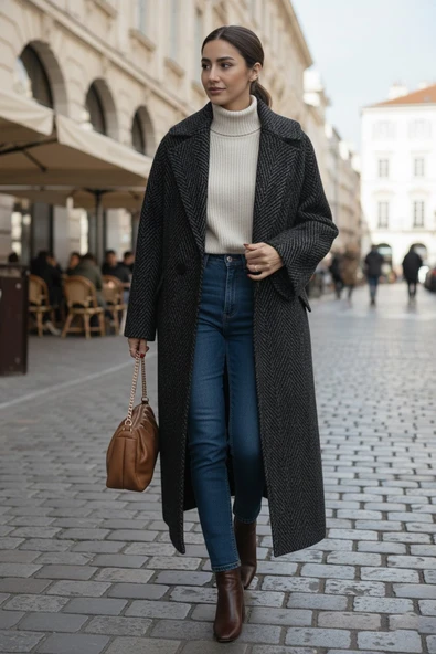 Balık Sırtı Desenli Astarlı Kışlık Kadın Uzun  Kaşmir Kaban ürün görseli 1