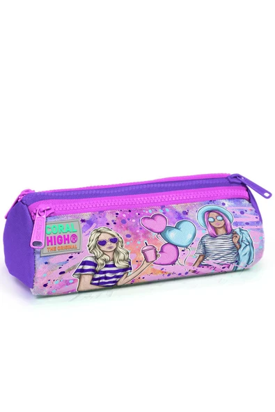 Coral High Kids Pembe Mor Fashion Girl Desenli Üç Bölmeli Kalem Çantası 22055 ürün görseli
