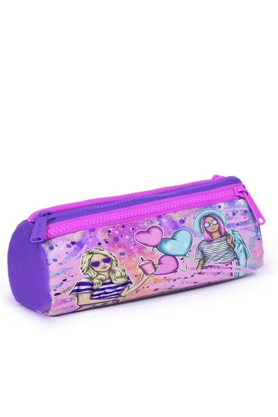 Coral High Kids Pembe Mor Fashion Girl Desenli Üç Bölmeli Kalem Çantası 22055 - Resim 3