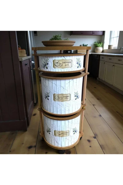 3 Katlı Ahşap Sebzelik Şık Tasarım Patates, Soğan ve Sarımsak İçin Organizer Zeytuni - Resim 4