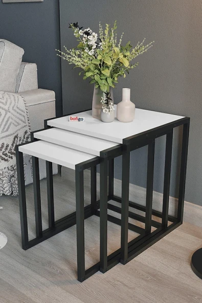 Bofigo 3'lü Metal Zigon Sehpa Zigon Sehpa Orta Sehpa Yan Sehpa Beyaz - Resim 2