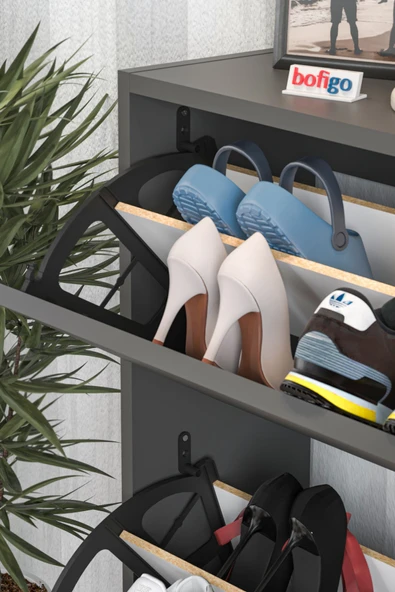 Bofigo Düşer Kapak Ayakkabılık 2 Bölmeli Kayar Raflı Ayakkabılık Duvara Monte Ayakkabılık Peri Antrasit - Resim 3