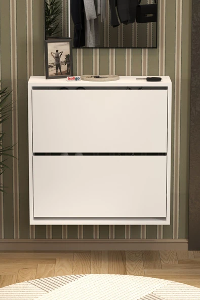 Bofigo Düşer Kapak Ayakkabılık 2 Bölmeli Kayar Raflı Ayakkabılık Duvara Monte Ayakkabılık Peri Beyaz - Resim 4