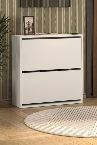 Bofigo Düşer Kapak Ayakkabılık 2 Bölmeli Kayar Raflı Ayakkabılık Duvara Monte Ayakkabılık Peri Beyaz - Resim 5