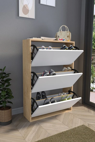 Bofigo Düşer Kapak Ayakkabılık Kayar Raflı Ayakkabılık 3 Bölmeli Ayakkabılık Melek Safir Meşe Beyaz - Resim 3