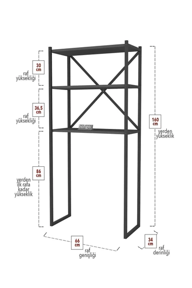 Bofigo 3 Raflı Metal Banyo Düzenleyici Metal Banyo Rafı Çamaşır Makinası Üstü Antrasit - Resim 6