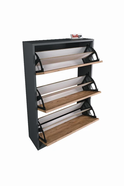 Bofigo Düşer Kapak Ayakkabılık Kayar Raflı Ayakkabılık 3 Bölmeli Ayakkabılık Melek Antrasit-Çam - Resim 6