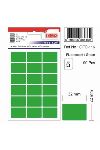 Tanex Ofis Etiketi Poşetli 22x32 Mm Fosforlu Yeşil Ofc-116 - 10'lu Paket ürün görseli