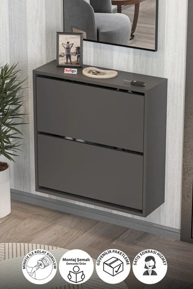Bofigo Düşer Kapak Ayakkabılık 2 Bölmeli Kayar Raflı Ayakkabılık Duvara Monte Ayakkabılık Peri Antrasit ürün görseli