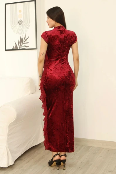 Çiçek Broşlu Fırfır Detaylı Kadife Abiye Elbise 6062-Bordo - Resim 9