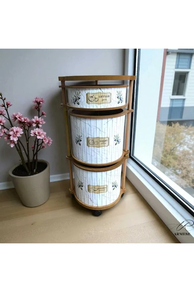 3 Katlı Ahşap Sebzelik Şık Tasarım Patates, Soğan ve Sarımsak İçin Organizer Zeytuni ürün görseli 1