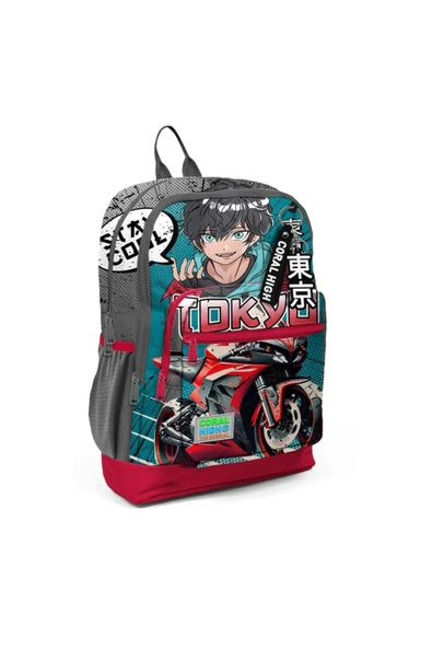 Coral High Gri Nefti Anime Motorsiklet Desenli Okul Sırt Çantası 23764 ürün görseli