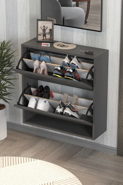 Bofigo Düşer Kapak Ayakkabılık 2 Bölmeli Kayar Raflı Ayakkabılık Duvara Monte Ayakkabılık Peri Antrasit - Resim 2