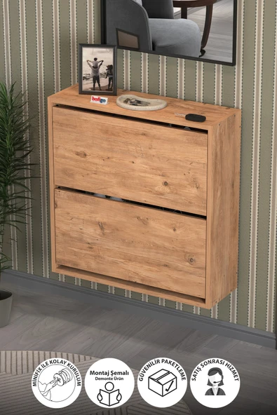 Bofigo Düşer Kapak Ayakkabılık 2 Bölmeli Kayar Raflı Ayakkabılık Duvara Monte Ayakkabılık Peri Çam ürün görseli