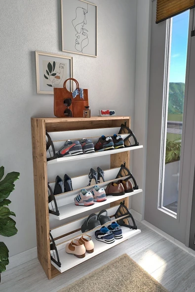 Bofigo Düşer Kapak Ayakkabılık Kayar Raflı Ayakkabılık 3 Bölmeli Ayakkabılık Melek Çam-Beyaz - Resim 5