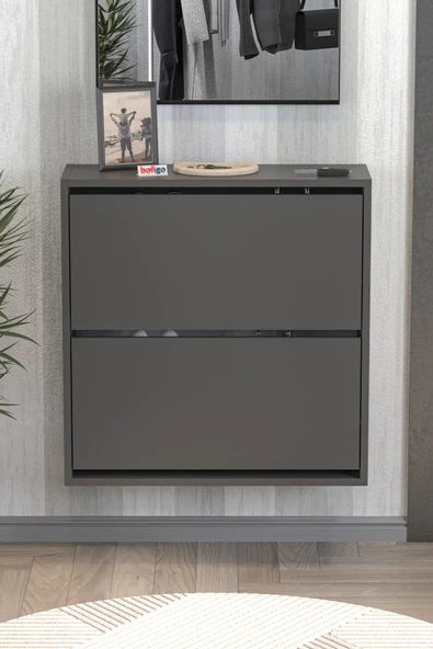 Bofigo Düşer Kapak Ayakkabılık 2 Bölmeli Kayar Raflı Ayakkabılık Duvara Monte Ayakkabılık Peri Antrasit - Resim 4