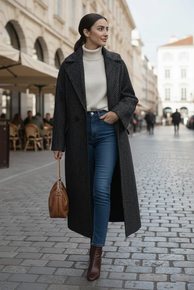 Balık Sırtı Desenli Astarlı Kışlık Kadın Uzun  Kaşmir Kaban - Resim 2