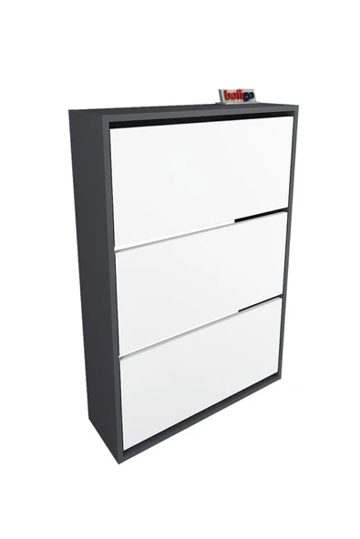 Bofigo Düşer Kapak Ayakkabılık Kayar Raflı Ayakkabılık 3 Bölmeli Ayakkabılık Melek Antrasit-Beyaz - Resim 6