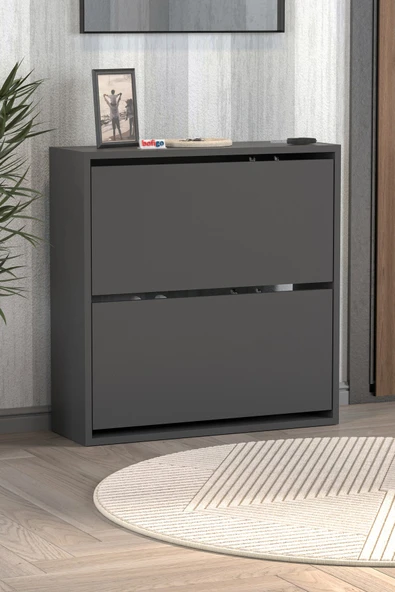 Bofigo Düşer Kapak Ayakkabılık 2 Bölmeli Kayar Raflı Ayakkabılık Duvara Monte Ayakkabılık Peri Antrasit - Resim 5