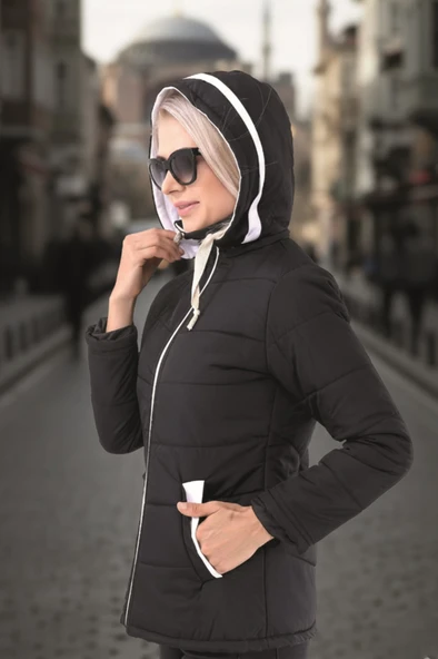 Kapüşonlu Kışlık Kadın Şişme Kısa Mont - Resim 4