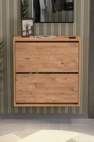 Bofigo Düşer Kapak Ayakkabılık 2 Bölmeli Kayar Raflı Ayakkabılık Duvara Monte Ayakkabılık Peri Çam - Resim 4