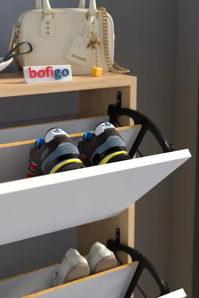 Bofigo Düşer Kapak Ayakkabılık Kayar Raflı Ayakkabılık 3 Bölmeli Ayakkabılık Melek Safir Meşe Beyaz - Resim 4