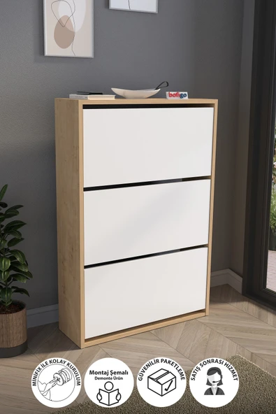 Bofigo Düşer Kapak Ayakkabılık Kayar Raflı Ayakkabılık 3 Bölmeli Ayakkabılık Melek Safir Meşe Beyaz ürün görseli