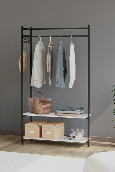 Bofigo Konfeksiyon Askısı Ayaklı Askılık Elbise Askılığı Raflı Askılık Jüpiter Beyaz - Resim 3