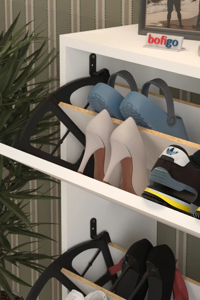 Bofigo Düşer Kapak Ayakkabılık 2 Bölmeli Kayar Raflı Ayakkabılık Duvara Monte Ayakkabılık Peri Beyaz - Resim 3