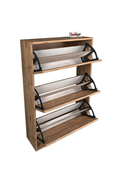Bofigo Düşer Kapak Ayakkabılık Kayar Raflı Ayakkabılık 3 Bölmeli Ayakkabılık Melek Çam - Resim 7
