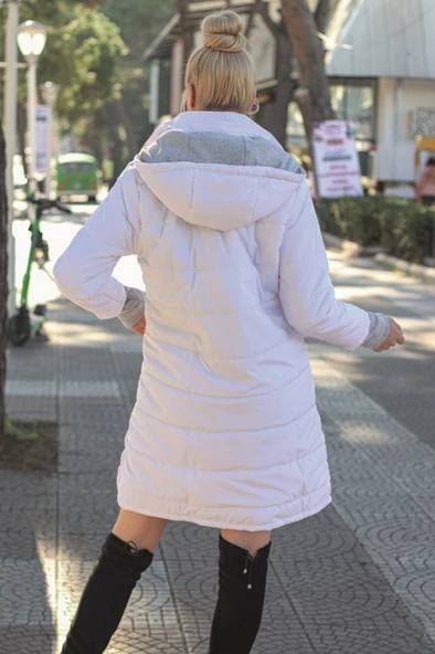 Kışlık Kapüşonlu Kadın Uzun Şişme Mont - Resim 5