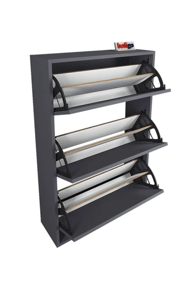 Bofigo Düşer Kapak Ayakkabılık Kayar Raflı Ayakkabılık 3 Bölmeli Ayakkabılık Melek Antrasit - Resim 7