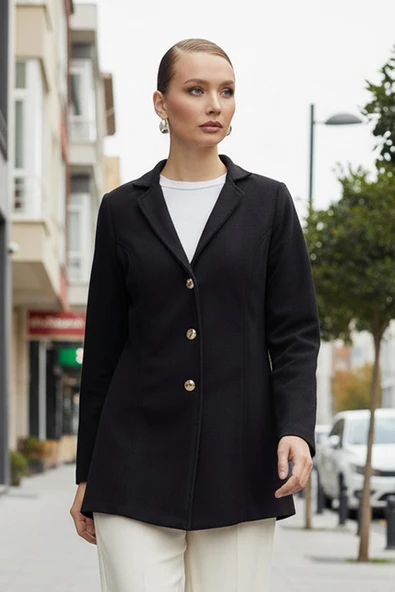 Tasarım Yaka Kaşe Şık Siyah Kaban ürün görseli 1