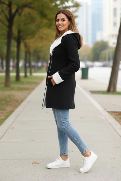 Kışlık Günlük Siyah Kaşe Kadın Kaban - Resim 3