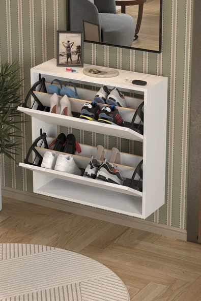 Bofigo Düşer Kapak Ayakkabılık 2 Bölmeli Kayar Raflı Ayakkabılık Duvara Monte Ayakkabılık Peri Beyaz - Resim 2